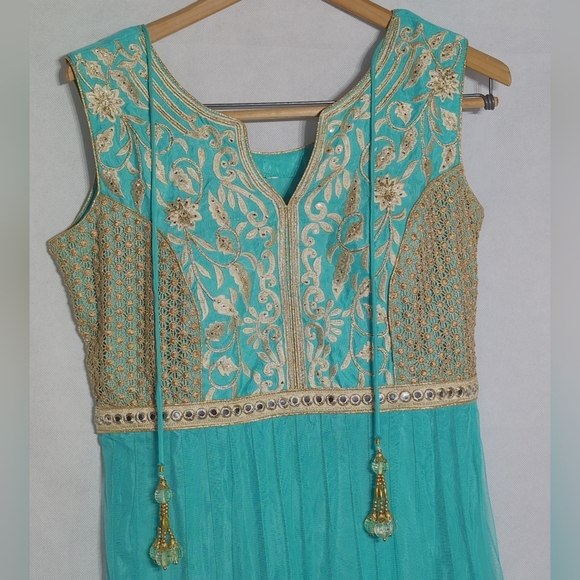 Unbranded Aqua & Gold M Anarkali  Women's Net Dress W/ Matching Scarf - Picture 4 of 8